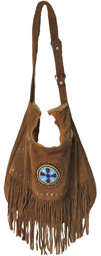 Genuine Cow Split Suede Leather Fringe Shoulder Bag with Handmade Beading #7845