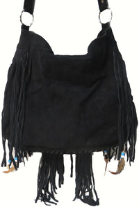 Genuine Cow Split Suede Leather Fringe Shoulder Bag with Handmade Beading #7850